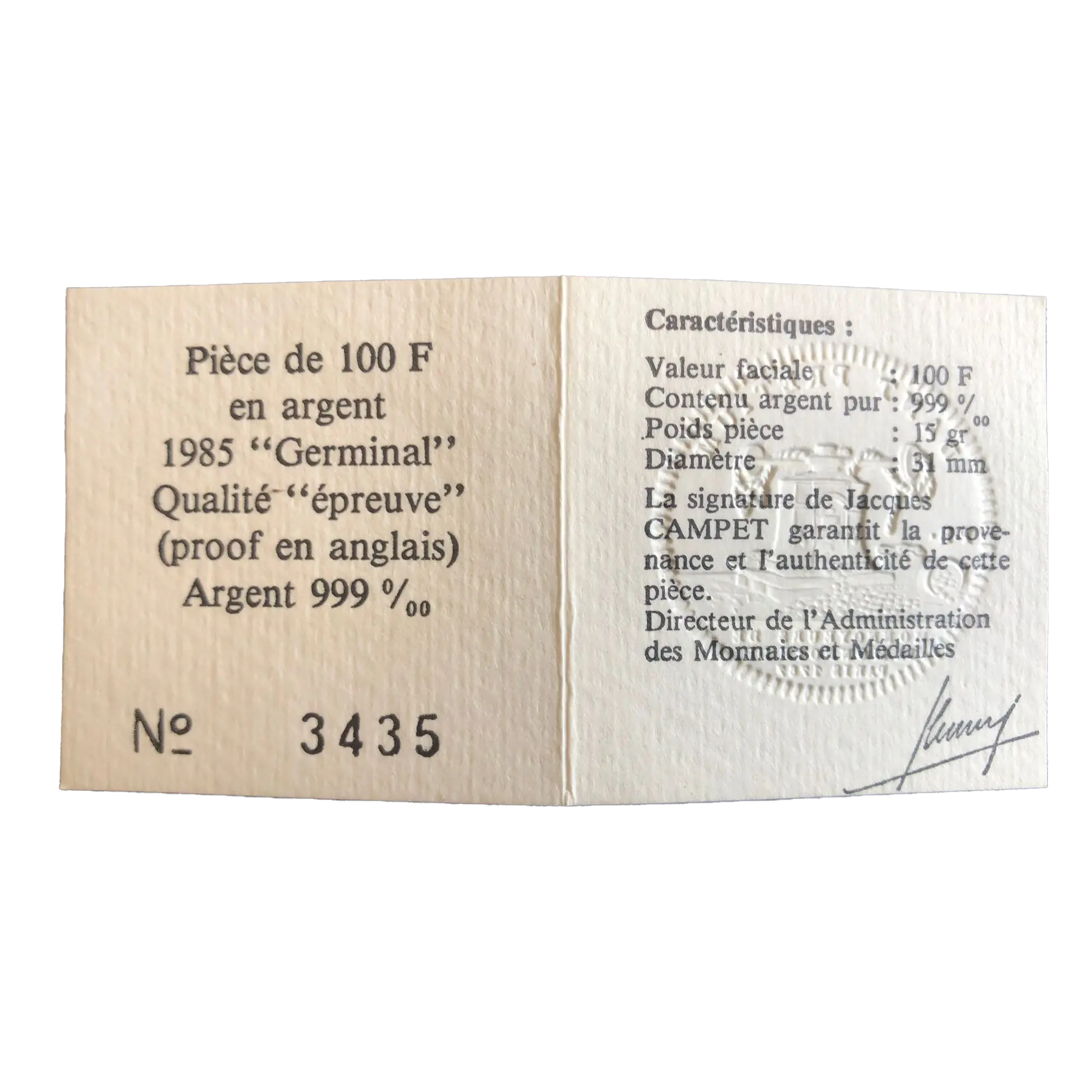 Émile Zola — 100 Francs Argent 1985